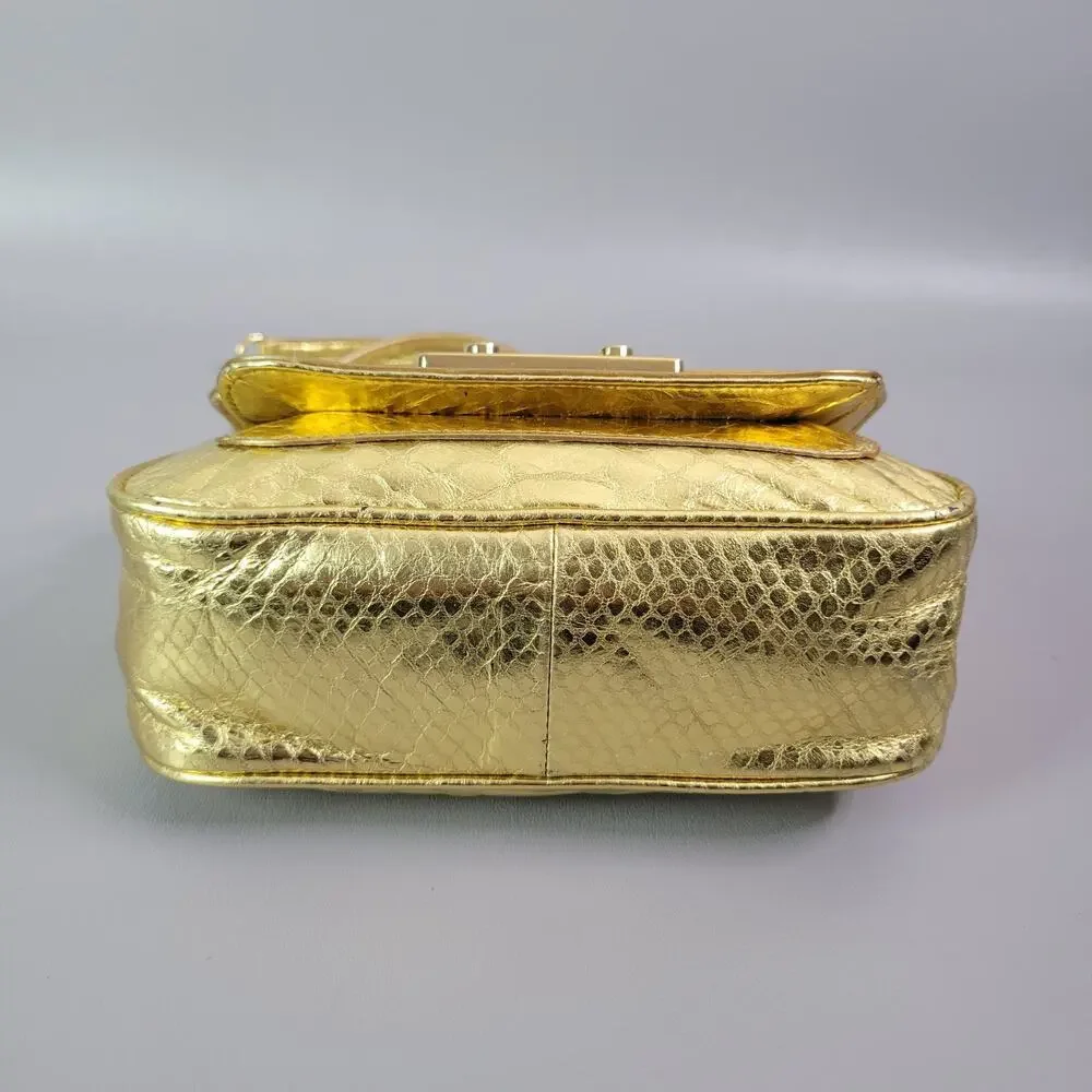 Michael Kors Mini Handbag Gold Snakeskin Embossed Chain Strap - Picture 9 of 15